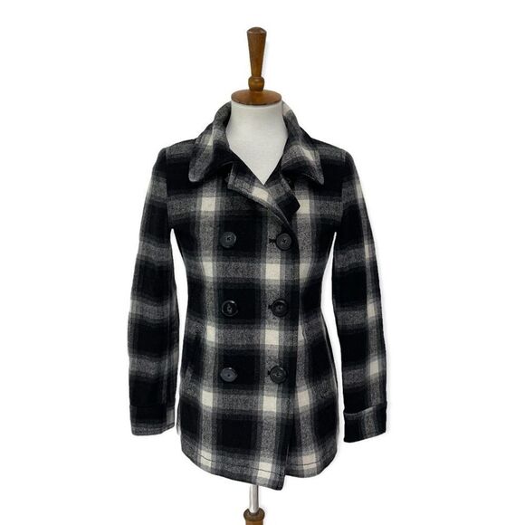 Old Navy black cream plaid winter pea coat double breasted xs small - Picture 1 of 10
